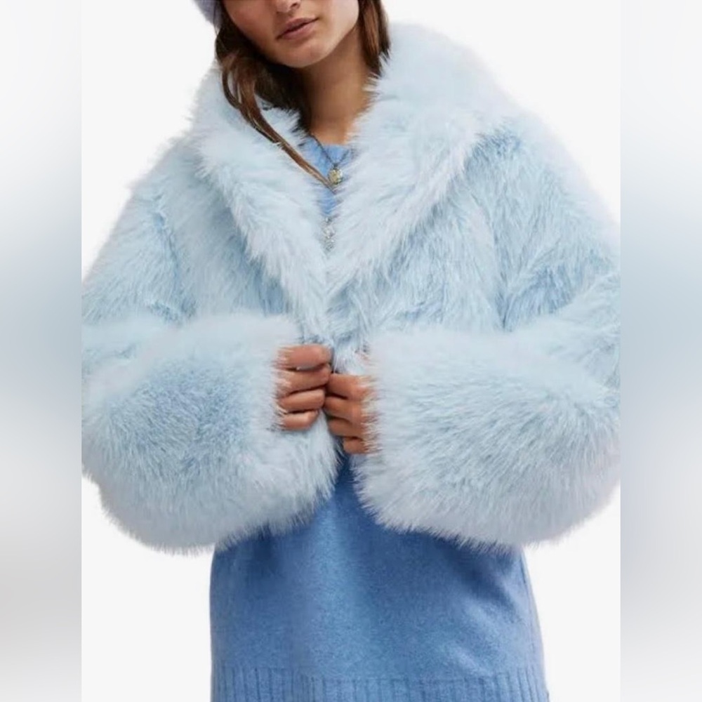 Free People Paris Cropped Faux Fur Jacket in Ice Water